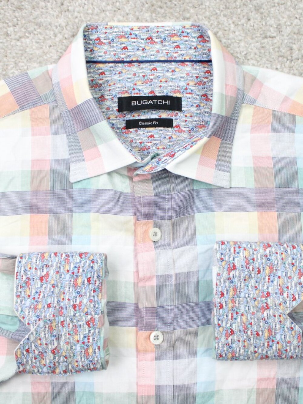 Bugatchi Shirt Mens Medium Pink/Blue Classic Fit Flip Cuff Cotton Long Sleeve